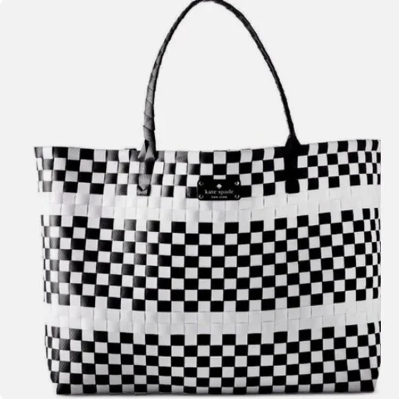 KATE SPADE NEW YORK TOTE purse Handbag Large checkered White Black Braided - Picture 1 of 1